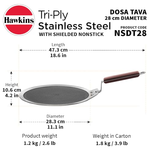 Hawkins 28 cm Dosa Tava, Triply Stainless Steel Shielded Nonstick Tawa with Rosewood Handle, Honeycomb Non Stick Induction Tawa, Silver (NSDT28)