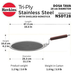 Hawkins 28 cm Dosa Tava, Triply Stainless Steel Shielded Nonstick Tawa with Rosewood Handle, Honeycomb Non Stick Induction Tawa, Silver (NSDT28)