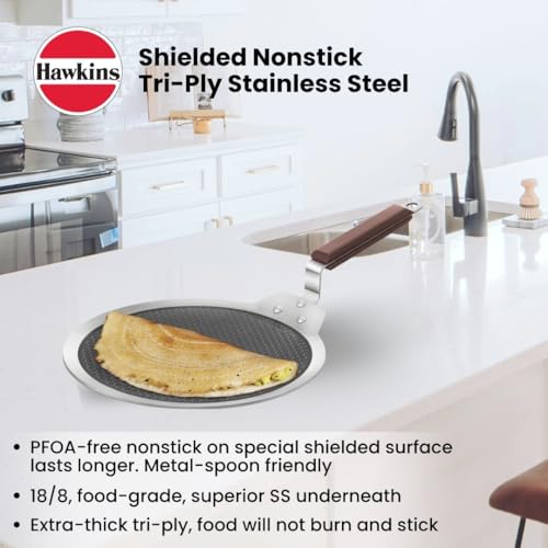 Hawkins 28 cm Dosa Tava, Triply Stainless Steel Shielded Nonstick Tawa with Rosewood Handle, Honeycomb Non Stick Induction Tawa, Silver (NSDT28)