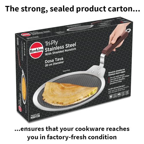 Hawkins 28 cm Dosa Tava, Triply Stainless Steel Shielded Nonstick Tawa with Rosewood Handle, Honeycomb Non Stick Induction Tawa, Silver (NSDT28)