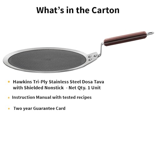 Hawkins 28 cm Dosa Tava, Triply Stainless Steel Shielded Nonstick Tawa with Rosewood Handle, Honeycomb Non Stick Induction Tawa, Silver (NSDT28)