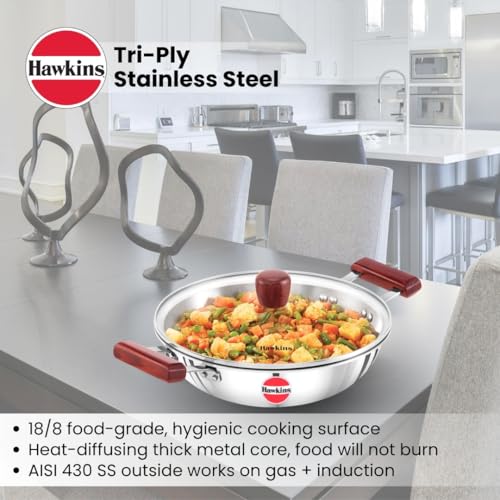 Hawkins 2.5 Litre Deep Fry Pan, Triply Stainless Steel Kadai with Glass Lid, Flat Bottom Induction Kadhai, Silver (SSD25G)