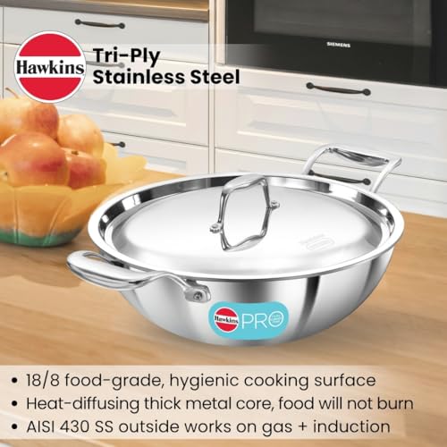 Hawkins Pro 3.5 Litre Deep-Fry Pan, Triply Stainless Steel Kadhai with Stainless Steel Handles and Stainless Steel Lid, Silver (PSK35S)