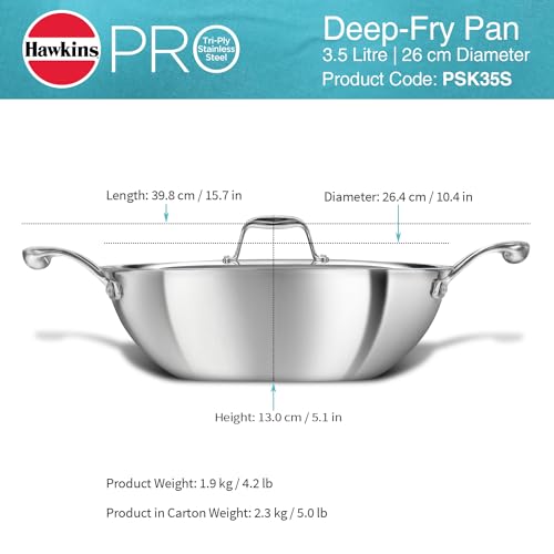 Hawkins Pro 3.5 Litre Deep-Fry Pan, Triply Stainless Steel Kadhai with Stainless Steel Handles and Stainless Steel Lid, Silver (PSK35S)