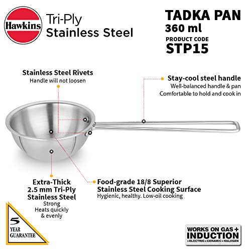 Hawkins 1.5 Cup Tadka Pan, 360 ml Triply Stainless Steel Pan, Silver (STP15)