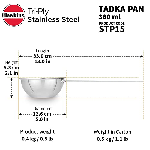 Hawkins 1.5 Cup Tadka Pan, 360 ml Triply Stainless Steel Pan, Silver (STP15)