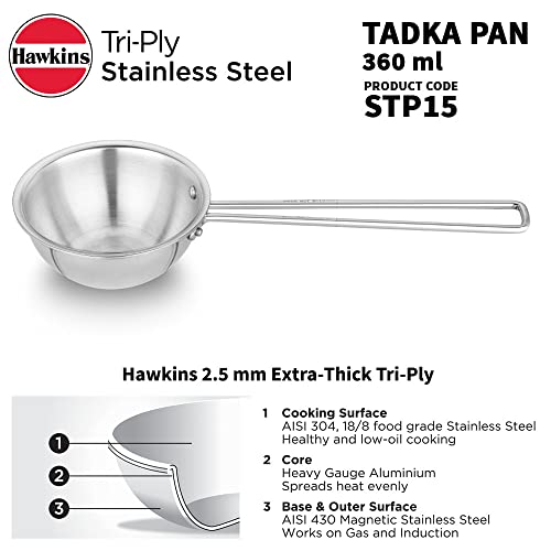 Hawkins 1.5 Cup Tadka Pan, 360 ml Triply Stainless Steel Pan, Silver (STP15)