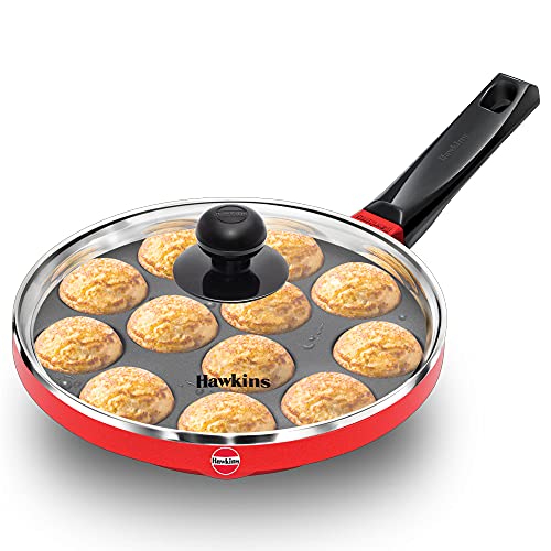 Hawkins nonstick appe pan with glass lid, 12 cups, 20cm diameter, black cast aluminium cookware, with red handle.