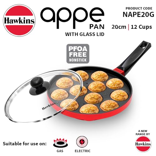 Hawkins nonstick appe pan with glass lid, 12 cups, 20 cm diameter, black cast aluminium cookware for household use.