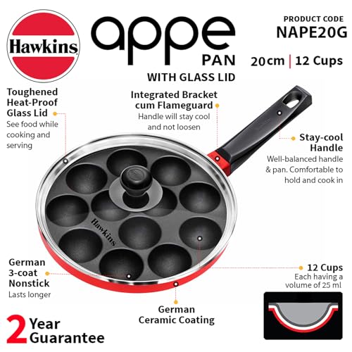 Hawkins nonstick appe pan with glass lid, 12-cup capacity, black cast aluminium, 20cm diameter, red handle.