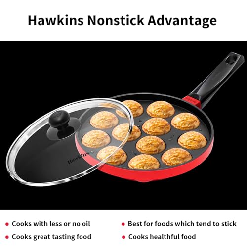 Hawkins nonstick appe pan with glass lid, 12-cup capacity, black cast aluminium, 20cm diameter, red handle, suitable for household cooking