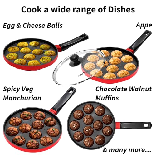 Hawkins nonstick Appe pan with glass lid, 12 cups, 20cm diameter, black cast aluminium cookware with red handle.