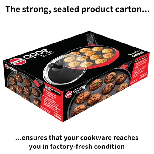 Hawkins nonstick appe pan with glass lid, 20cm diameter, black cast aluminium, 12-cup size, red handle for household cooking.