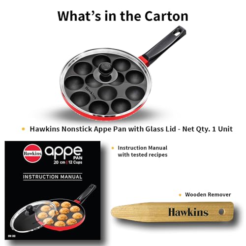 Hawkins nonstick appe pan with glass lid, 12 cups, black cast aluminium utensil for cooking, 20 cm diameter, red handle.
