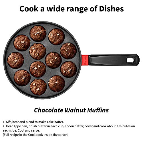 Hawkins nonstick appe pan with glass lid, 12-cup capacity, 20 cm diameter, cast aluminium, black with red handle.