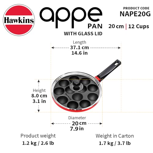 Hawkins nonstick appe pan with glass lid, 12-cup capacity, black cast aluminum, 20cm diameter, red handle.