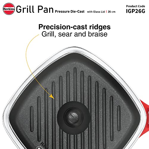 Hawkins 26 cm Grill Pan, Non Stick Die Cast Grilling Pan with Glass Lid, Square Grill Pan for Gas Stove, Ceramic Coated Pan, Red (IGP26G)