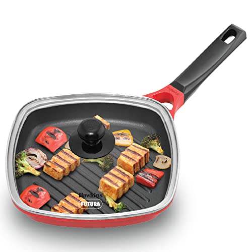 Hawkins 26 cm Grill Pan, Non Stick Die Cast Grilling Pan with Glass Lid, Square Grill Pan for Gas Stove, Ceramic Coated Pan, Red (IGP26G)
