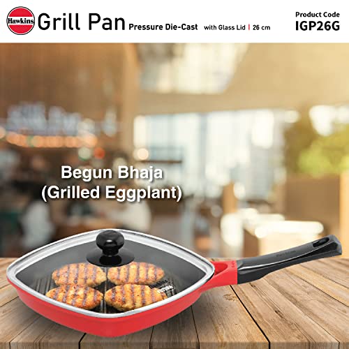 Hawkins 26 cm Grill Pan, Non Stick Die Cast Grilling Pan with Glass Lid, Square Grill Pan for Gas Stove, Ceramic Coated Pan, Red (IGP26G)