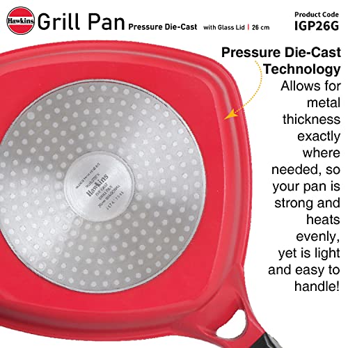 Hawkins 26 cm Grill Pan, Non Stick Die Cast Grilling Pan with Glass Lid, Square Grill Pan for Gas Stove, Ceramic Coated Pan, Red (IGP26G)