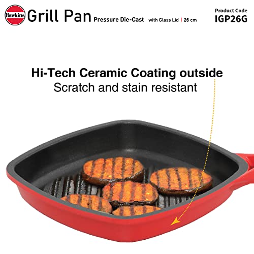 Hawkins 26 cm Grill Pan, Non Stick Die Cast Grilling Pan with Glass Lid, Square Grill Pan for Gas Stove, Ceramic Coated Pan, Red (IGP26G)