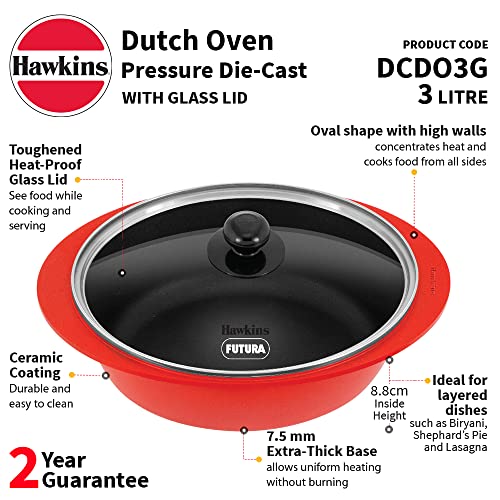 Hawkins 3 Litre Dutch Oven, Nonstick Biryani Pot, Red Ceramic Coated Casserole, Cooking Pot, Saute Pan, Red (DCDO3G)