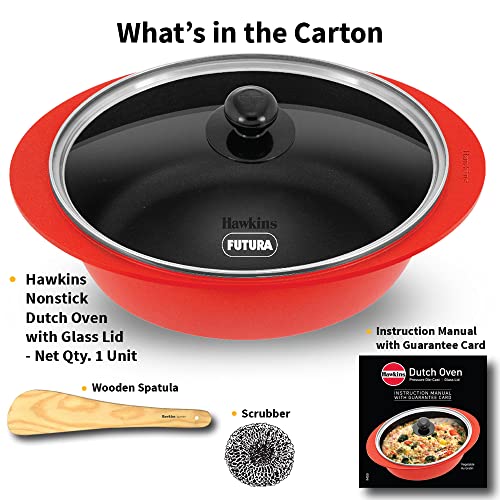 Hawkins 3 Litre Dutch Oven, Nonstick Biryani Pot, Red Ceramic Coated Casserole, Cooking Pot, Saute Pan, Red (DCDO3G)