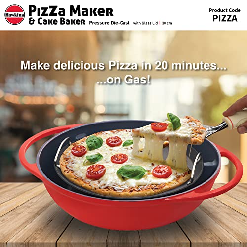 Hawkins Diecast 30 cm Nonstick Pizza Maker and Cake Baker with Glass Lid, Gas Oven, Pizza Oven Toaster Griller Tandoor Barbecue, Cake Baking Pan, Red (PIZZA)