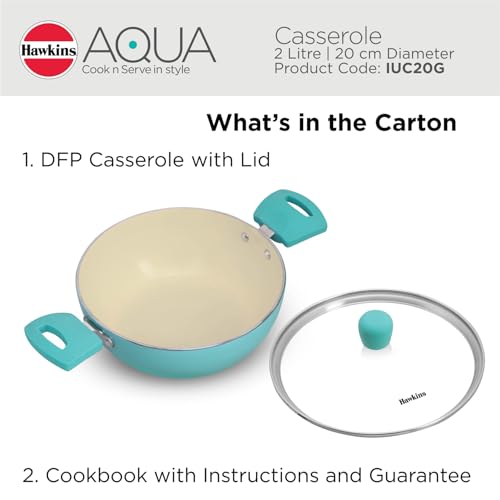 Hawkins 2 Litre Cook n Serve Casserole, Aqua Casserole with Glass Lid, Aqua Blue (IUC20G)
