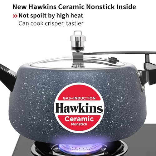 Hawkins 5 Litre Ceramic Nonstick Pressure Cooker, Induction Inner Lid Cooker, Granite Contura shaped Cooker, Blue (ICC50)