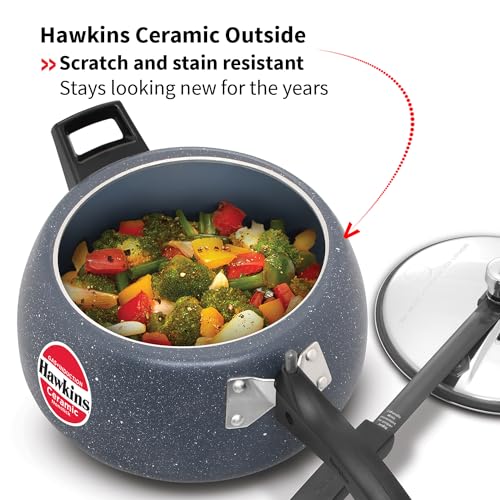 Hawkins 5 Litre Ceramic Nonstick Pressure Cooker, Induction Inner Lid Cooker, Granite Contura shaped Cooker, Blue (ICC50)