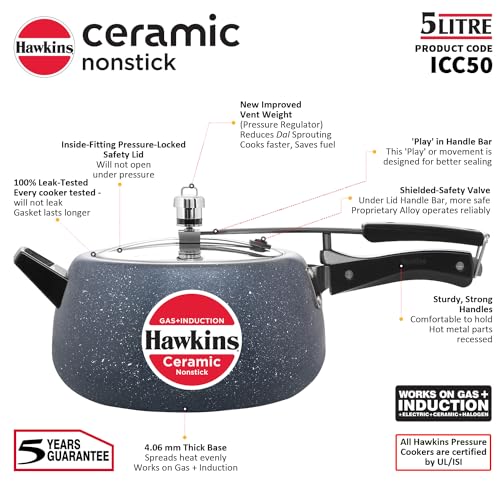 Hawkins 5 Litre Ceramic Nonstick Pressure Cooker, Induction Inner Lid Cooker, Granite Contura shaped Cooker, Blue (ICC50)