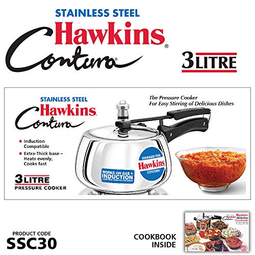 Hawkins 3 Litre Contura Pressure Cooker, Stainless Steel Inner Lid Cooker, Handi Cooker, Induction Cooker, Silver (SSC30)