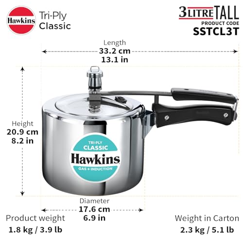 Hawkins Triply 3 Litre Classic Pressure Cooker, Triply Stainless Steel Induction Inner Lid & Tall Design Cooker, Silver (SSTCL3T)