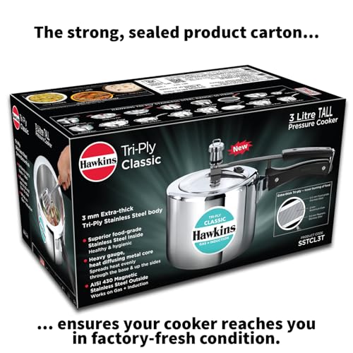 Hawkins Triply 3 Litre Classic Pressure Cooker, Triply Stainless Steel Induction Inner Lid & Tall Design Cooker, Silver (SSTCL3T)