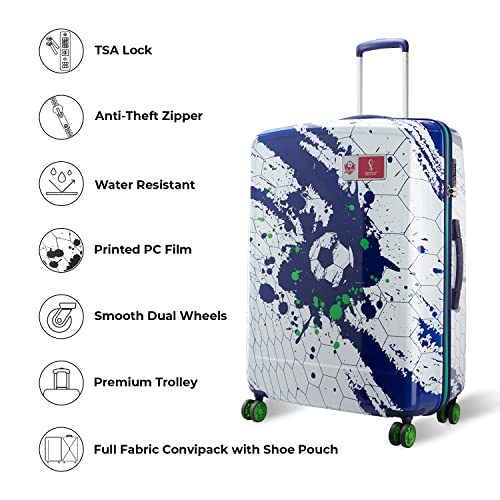 Skybags Treble-FIFA 79cm Printed Polycarbonate Hardsided Large Luggage 8 Spinner Wheel Anti Theft Zipper Blue & White Trolley - Goyalsons ShopMax
