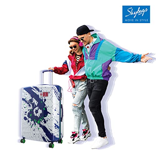 Skybags Treble-FIFA 79cm Printed Polycarbonate Hardsided Large Luggage 8 Spinner Wheel Anti Theft Zipper Blue & White Trolley - Goyalsons ShopMax