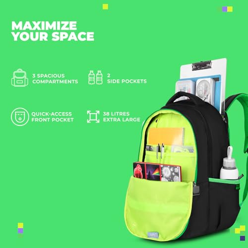 Skybags Klan V2 Polyester 38 Liters 3 Compartment 1 Front Pocket 2 Side Bottle Pockets School Backpack Black For Boys And Girls - Goyalsons ShopMax