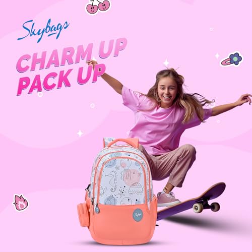 Skybags Charm 02 37 Liters Premium Polyester Fabric School Backpack for Kids with Multiple Compartments and Adujtable Starp - Girls (Coral)
