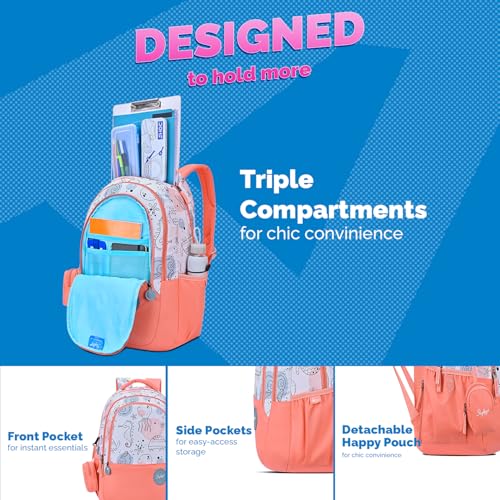 Skybags Charm 02 37 Liters Premium Polyester Fabric School Backpack for Kids with Multiple Compartments and Adujtable Starp - Girls (Coral)