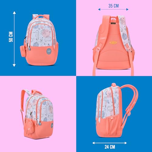 Skybags Charm 02 37 Liters Premium Polyester Fabric School Backpack for Kids with Multiple Compartments and Adujtable Starp - Girls (Coral)