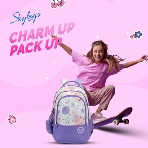Skybags Charm 03 37 Liters Premium Polyester Fabric School Backpack for Kids with Multiple Compartments and Adujtable Starp - Girls (Purple)