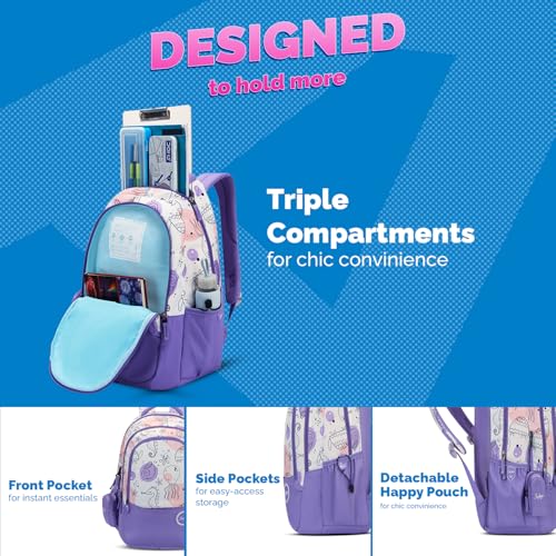Skybags Charm 03 37 Liters Premium Polyester Fabric School Backpack for Kids with Multiple Compartments and Adujtable Starp - Girls (Purple)