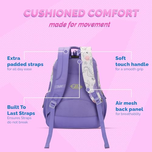 Skybags Charm 03 37 Liters Premium Polyester Fabric School Backpack for Kids with Multiple Compartments and Adujtable Starp - Girls (Purple)