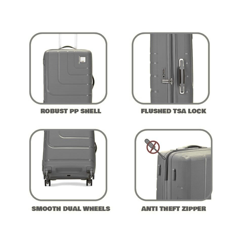 VIP Lexus Hardside Spinner Luggage with Flushed TSA Lock, PP Shell, Dual 8 Wheels, Anti-Theft Zipper, Free Luggage Cover (Caster Grey, Medium (66 cm))