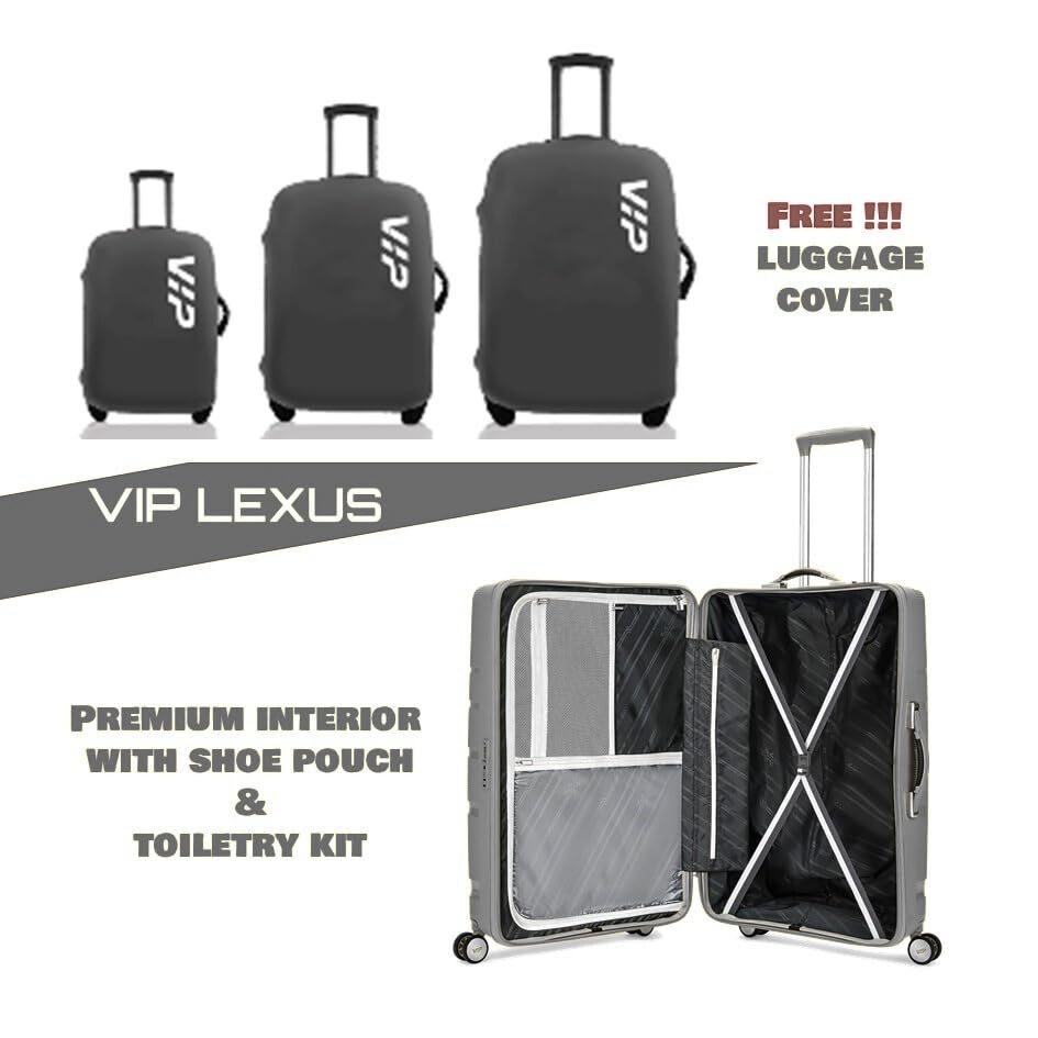 VIP Lexus Hardside Spinner Luggage with Flushed TSA Lock, PP Shell, Dual 8 Wheels, Anti-Theft Zipper, Free Luggage Cover (Caster Grey, Medium (66 cm))