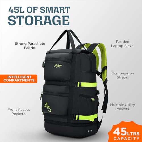 Skybags Ridge V2 45L Weekender Backpack | Premium Polyester | 17-Inch Laptop & Shoe Compartment | Front Access Pockets with Raincover | Travel, Casual & Outdoor Backpack for Men & Women (Black) - Goyalsons ShopMax