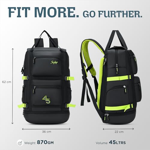 Skybags Ridge V2 45L Weekender Backpack | Premium Polyester | 17-Inch Laptop & Shoe Compartment | Front Access Pockets with Raincover | Travel, Casual & Outdoor Backpack for Men & Women (Black) - Goyalsons ShopMax