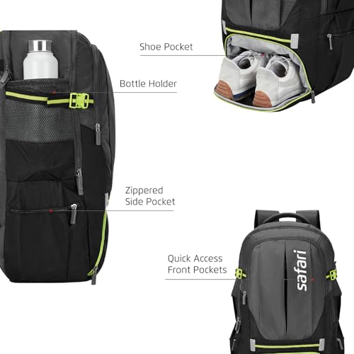 Safari Hunt 2 Rucksack Laptop Backpack Bag with Shoe Pocket, 2 Compartments, Compression Straps, Large Size Travel Bag for men & women, Boys & Girls, Outdoor Travel, Hiking, Trekking, Black - Goyalsons ShopMax