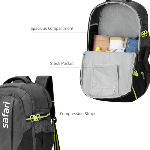 Safari Hunt 2 Rucksack Laptop Backpack Bag with Shoe Pocket, 2 Compartments, Compression Straps, Large Size Travel Bag for men & women, Boys & Girls, Outdoor Travel, Hiking, Trekking, Black - Goyalsons ShopMax